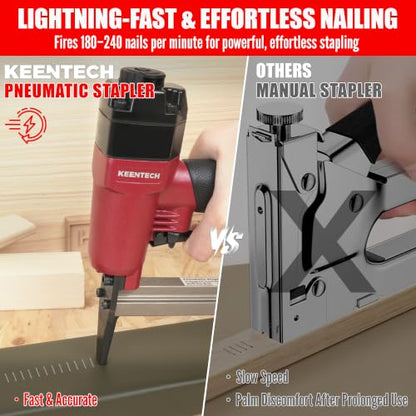 KEENTECH 7116L Pneumatic Upholstery Staple Gun with Extended Nose, Fits 22GA 3/8" Crown 1/4" to 5/8" Length Staples, Low Jamming Air Stapler for Upholstery, Fabric & Leather