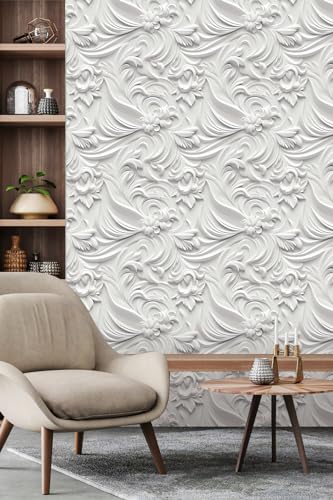 Peel and Stick Wallpaper White Gray Scroll Floral Accent - color: White&Light Gray, size: 17.7" x 118"