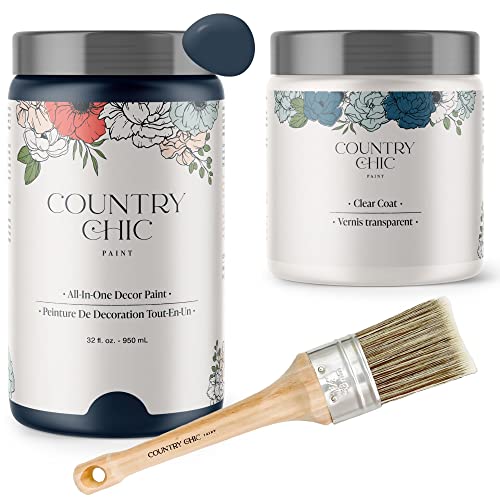 Chalk Style Paint + Clear Coat + Paint Brush Bundle - for Furniture, Home Decor, Crafts (Color: Peacoat - Navy)