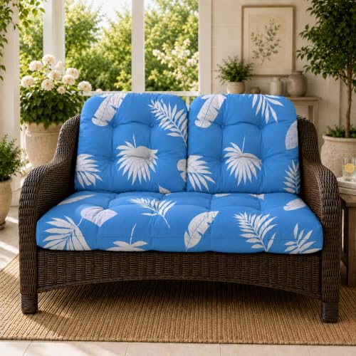 All Weather 3 Piece Wicker Furniture Chair Cushions, Waterproof Outdoor Wicker Chair Cushion for Patio Furniture Loveseat Settee Bench, 1 Loveseat and 2 U-Shaped Thickened Cushions, Blue Leaf - color: Blue Leaves