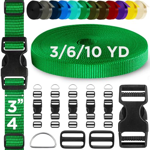 TECEUM 3/4" Nylon Strap Kit with Buckles, Green 6 yards Repair Set - color: Green, size: 3/4" - 6 yards, style: 6 Buckle - 12 Slides - 6 D-rind