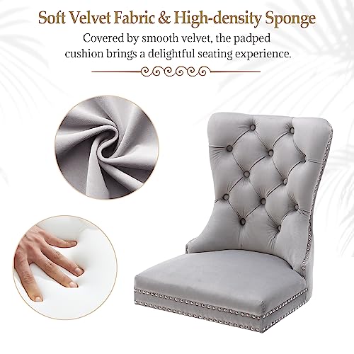 Light Grey Velvet Dining Chairs Set of 4, Elegant Tufted&Nailhead, Wood Leg - color: Light Grey, Wood Leg, size: set of 4