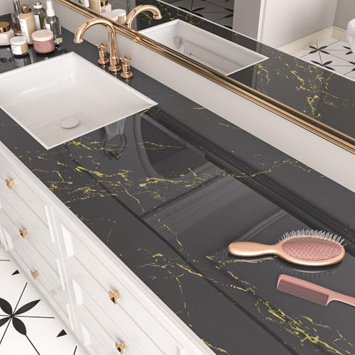 FunStick Thick Dark Grey Marble Contact Paper for Countertops Waterproof Contact Paper for Cabinets Peel and Stick Countertops Removable Gold Grey Marble Wallpaper for Kitchen Bathroom Table 12"x200" - size: 200" x 12"