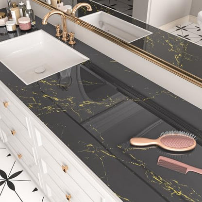 FunStick Thick Dark Grey Marble Contact Paper for Countertops Waterproof Contact Paper for Cabinets Peel and Stick Countertops Removable Gold Grey Marble Wallpaper for Kitchen Bathroom Table 12"x200" - size: 200" x 12"