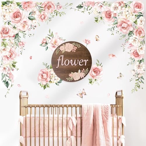 decalmile Pink Flower Blossom Floral Vine Wall Decals Stickers (XL)