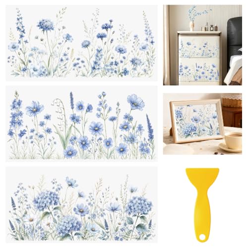 Rub On Transfers for Crafts, 3pcs Blue Wildflower Transfers Spring UV DTF Stickers Waterproof Decals Furniture for Cup Wood Scrapbook DIY Planner Home Door - color: Blue Wild Flower