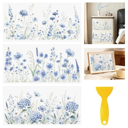 Rub On Transfers for Crafts, 3pcs Blue Wildflower Transfers Spring UV DTF Stickers Waterproof Decals Furniture for Cup Wood Scrapbook DIY Planner Home Door - color: Blue Wild Flower