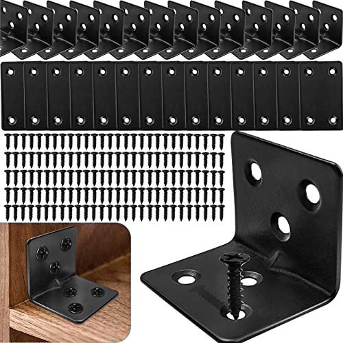 14PC Flat Brackets Mending Plates + 14 Black L Brackets + 140 Stainless Steel Screws, Heavy Duty Straight Corner Plates for Shelves - size: 28PCS, style: L + Flat Brackets