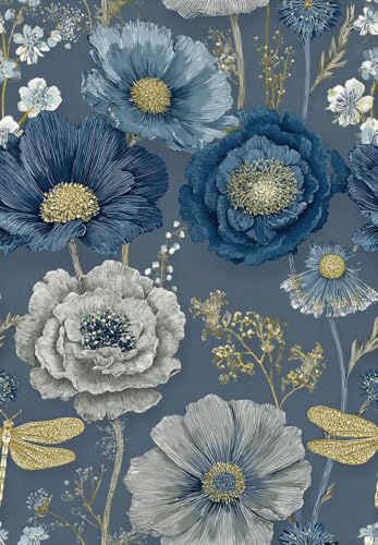 Retro Navy Blue Floral Leaf Peel and Stick Wallpaper, Botanical Wallpaper - color: ML-M056, size: 17.7" x 118"