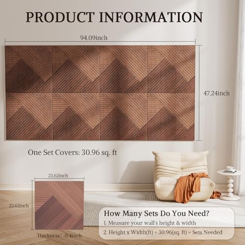 Acoustic Wall Panels, 8 Piece 23.62" X 23.62" Peel and Stick Wall Panels - color: Tri-Tone Chevron Weave, size: 94 X 48 Inches