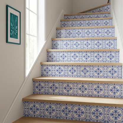 30 Pack, 4x4 Inch Classic Portuguese Azulejo Tile Decals, Blue and White Peel and Stick Vinyl for Backsplash, Stairs & Furniture (Blue) - color: Blue