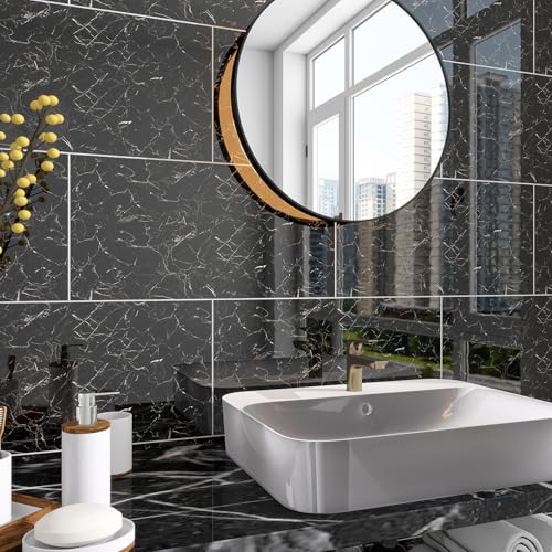 Marble Peel and Stick Backsplash 23.6 x11.8 in, 10PCS, Black - color: Black Marble