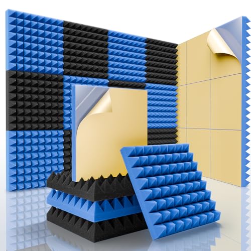 Sonicism Soundproof Wall Panels Self-Adhesive Pyramid 12 Pack,1" X 12" X 12" Acoustic Panels High Density Sound Proof Foam Panels for Walls Fast Expand,Sound Absorption & Decoration(Black/Blue) - color: Black-Blue, size: 1 Inch 12 Pack Self-Adhesive