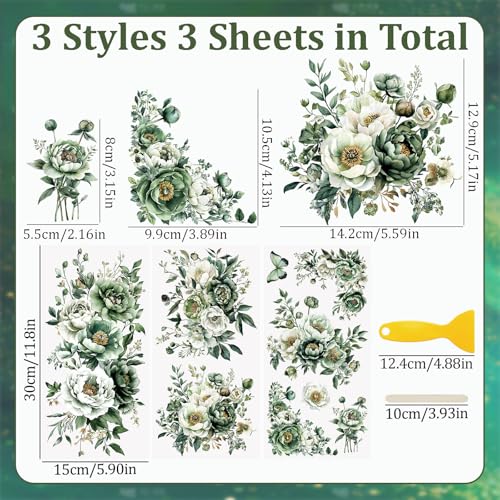 WANDIC 3 Sheets Rub On Transfer Stickers, Green Flowers Pattern Waterproof Decals Furniture Craft Embellishments for DIY Scrapbooking Photo Albums,15 * 30cm - color: Green