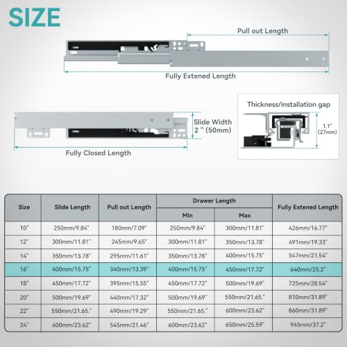 16 Inch Bottom Mount Soft Close Drawer Slides, 88 lbs Capacity - size: 16 Inch