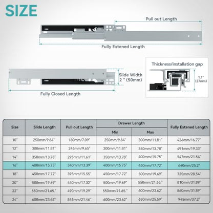 16 Inch Bottom Mount Soft Close Drawer Slides, 88 lbs Capacity - size: 16 Inch