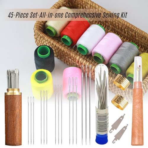 XwXwSeui Big Eye Steel Sewing Needles Kit, 45Pcs Sewing Kit with Wooden Sewing Case, Needle and Thread Kit, Stainless Steel Sewing Needles for Hand Sewing (45Pcs Kits #2 with Bag) - color: 45Pcs Kits #2 with Bag