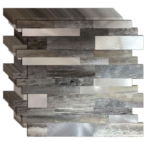 10 Sheets Backsplash Tile for Kitchen Peel and Stick, Self-Adhesive Waterproof, Metal Backsplash Subway Tile, Stick on Tiles Kitchen Bathroom (Light Grey Wood Grain+Frosted Silver) - color: Light Grey wood Grain+Frosted Silver