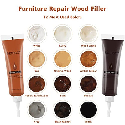 SEISSO Wood Furniture Repair Kit, 12 Colors Wood Fillers with White Putty - color: 12 + 1 Colors