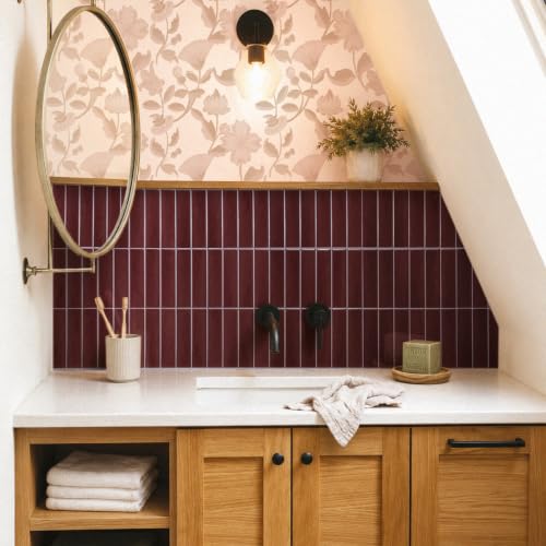 Smart Tiles Peel and Stick backsplash, Stacked Burgundy Red, 11.43"x9" - color: Burgundy Red