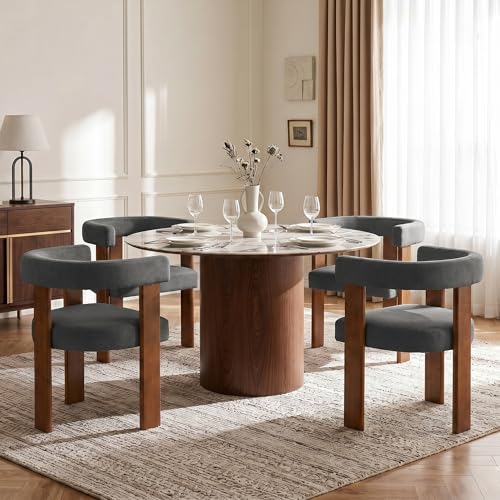 Usaint Wooden Barrel Dining Chairs Set of 6 with Walnut Wood Legs and Arm - color: Dark Gray, size: Set of 6