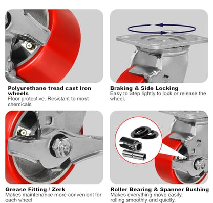 Caster Wheels Heavy Duty, 4'' Industrial Casters with Load 3200lbs Capacity, Polyurethane Swivel Casters Set of 4 (2 Brakes & Rigid) - style: 4'' Wheel