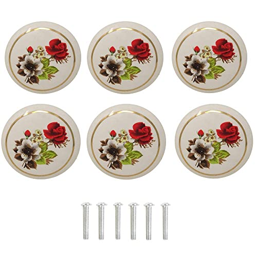 6Pcs 1-1/2 inch Hand Painted Ceramic Knobs Kitchen Cabinet Retro Vintage Door Drawer Handles Pulls for Dresser Cupboard Wardrobe (Red Rose)