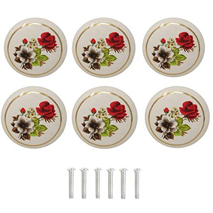 6Pcs 1-1/2 inch Hand Painted Ceramic Knobs Kitchen Cabinet Retro Vintage Door Drawer Handles Pulls for Dresser Cupboard Wardrobe (Red Rose)