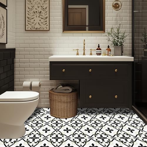 HOMETITUTE Black White Lily Peel Stick Floor Tile 12x12 Vinyl - color: Black and White
