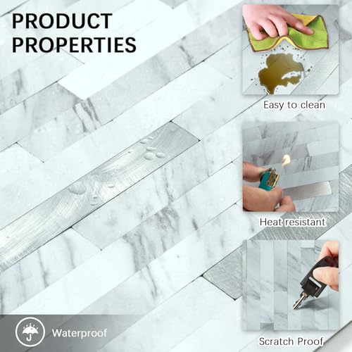 Midcard 10 Sheets Peel and Stick Backsplash PVC Wall Tile,for Kitchen Backsplash - color: Rectangular White Marble with Metallic Silver