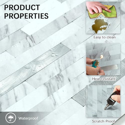 Midcard 10 Sheets Peel and Stick Backsplash PVC Wall Tile,for Kitchen Backsplash - color: Rectangular White Marble with Metallic Silver