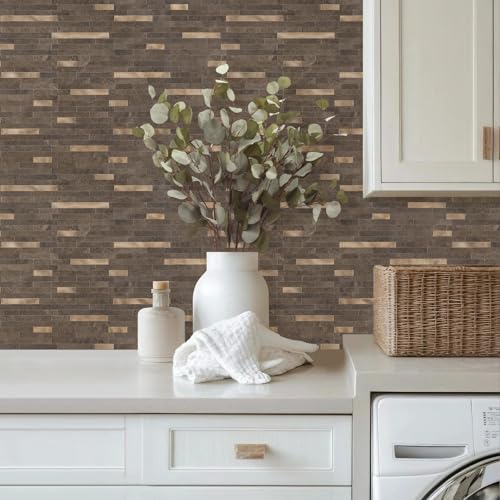 STICKGOO 20 Sheets Peel and Stick Backsplash Tile, Stick on Backsplash for Kitchen and Bathroom, Dark Brown Marble Look PVC Mixed Metal Gold Self Adhesive Wall Tiles - color: Dark Brown + Metal Gold