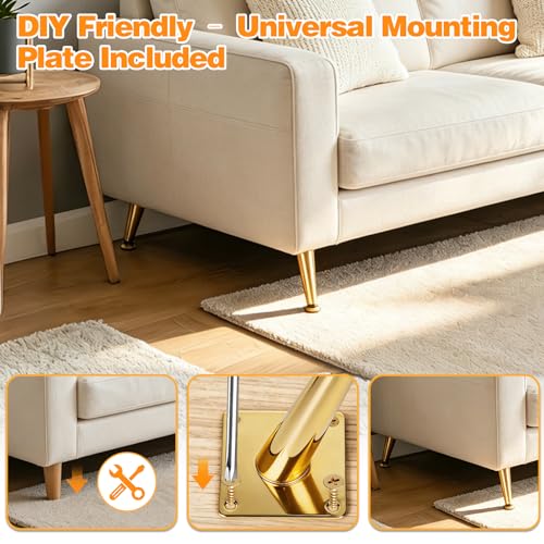 Heavy Duty Slant Metal Legs (4-Pack) 6 Inch Furniture Legs | Gold Tapered Mid-Century Modern Legs with Adjustable Feet | 1000lbs Load Capacity for Sofa, Cabinet, Coffee Table | DIY Home Essentials