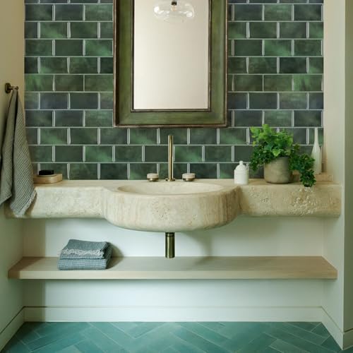 Alwayspon 10 Sheets 12"x6" Emerald Green 3D Vinyl Backsplash Marble Tiles, Self-Adhesive Peel and Stick Wall Tile Stickers Stick on Subway Tiles for Kitchen Bathroom Wall, 623 - color: Green