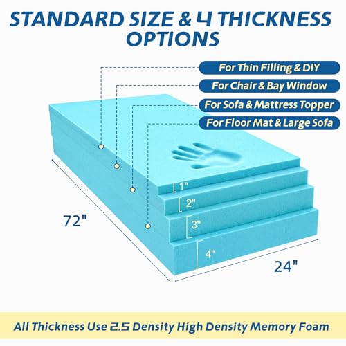 High Density Upholstery Foam 72" x 24" x 3" Thick Couch Cushion Replacement - color: Blue, size: 24*72*3 IN