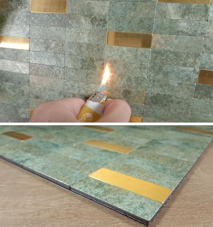 XUANINY Peel and Stick Tile Backsplash Self- Adhesive Wall Tiles Aluminum Mosaic Sticker for Kitchen (11.33"x11.92" Per Sheet, Pack of 10 pcs) (Golden Green 10) - color: Golden Green 10