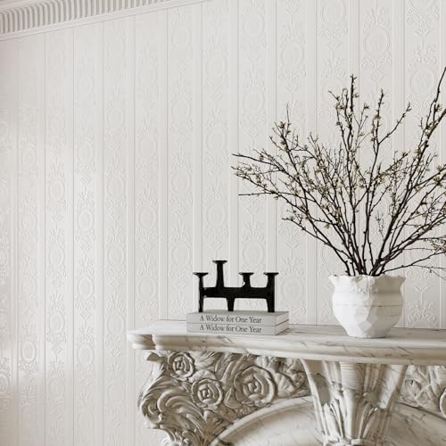 JiffDiff White 3D Embossed Textured Peel Stick Wallpaper 17.3"x800" - color: White, size: 17.3" x 800"