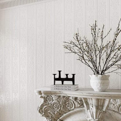 JiffDiff White 3D Embossed Textured Peel Stick Wallpaper 17.3"x800" - color: White, size: 17.3" x 800"