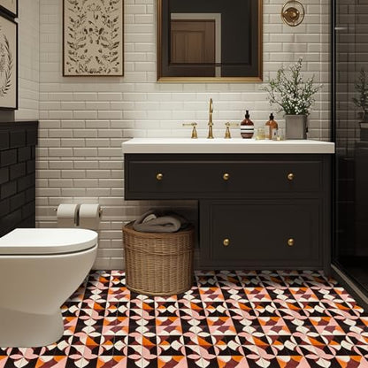 HOMETITUTE Retro Geometric Art 12x12 Inch Peel Stick Vinyl Floor Tile - color: Orange, Pink