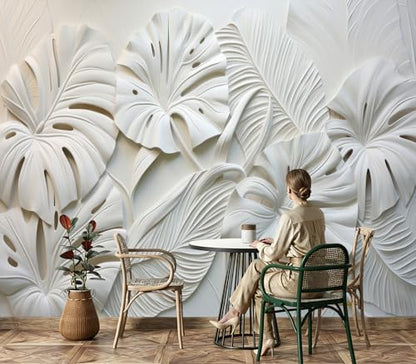 Modern 3D White Monstera Leaf Textured Wallpaper Peel and Stick - color: No.35, size: 80" x 61"