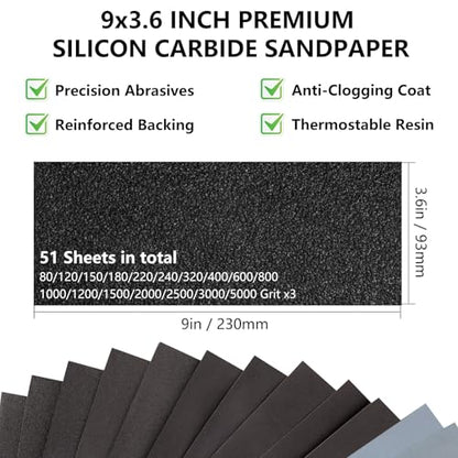 51-Sheet Sandpaper Assortment, Wet Dry Sand Paper 9 x 3.6 Inch - size: 9 x 3-2/3 Inch, style: Mix Grit-51sheets