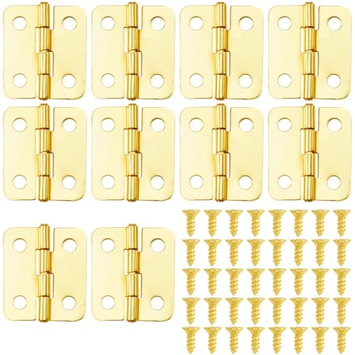 10pcs Small Jewelry Box Hinges with Screws, 1'' Metal Hinge for Wooden Box, Folding Butt Hinges with 4 Holes for Furniture Accessories DIY Crafts - Brass Color
