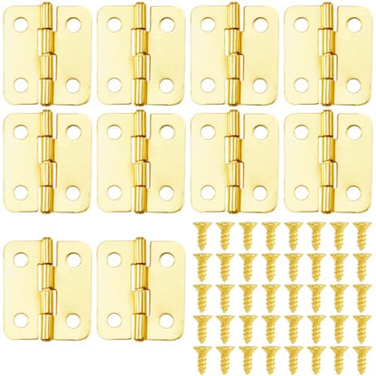 10pcs Small Jewelry Box Hinges with Screws, 1'' Metal Hinge for Wooden Box, Folding Butt Hinges with 4 Holes for Furniture Accessories DIY Crafts - Brass Color
