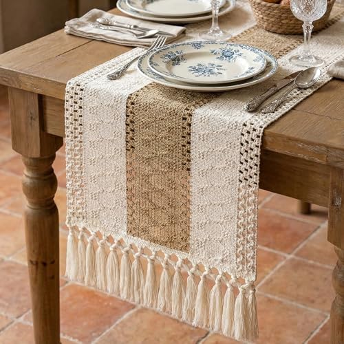 Boho Macrame Table Runner with Tassels 48in Brown Farmhouse Runner - color: White & Brown, size: 12'' x 48''