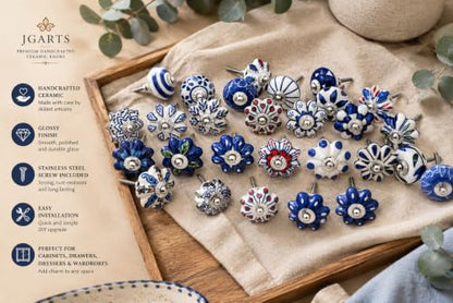 JGARTS Set of 25 Hand Painted Ceramic Cabinet Knobs Blue and White Decorative Drawer Pulls for Dresser, Kitchen Cabinets, Wardrobe, Cupboard, Furniture & Home Decor