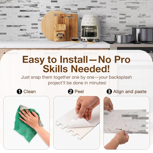 Peel and Stick Backsplash Tile Waterproof Removable PVC Wall Sticker 3D Faux Stone Marble Brick White Accent Panels (Rough White Marble - Metal Silver, 40 Tiles - 18 sq. ft. (1.68 m²)) - color: Rough White Marble - Metal Silver, size: 40 Tiles - 18 sq. ft