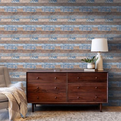 COMSTICKC 3D Peel and Stick Faux Wood Wall Sticker, 10 Pcs 11.8" x 11.8" - color: Brown-Blue