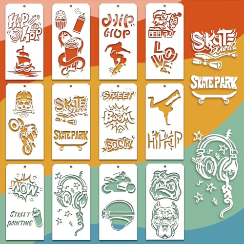 12 Pcs Decorative Painting Templates, 12 Styles Graffiti Painting Stencils Reusable Border Stencil for Painting on Tile Wall Floor Scrapbooking Drawing Tracing - style: Graffiti