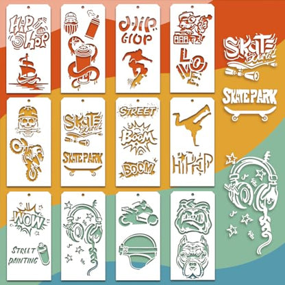 12 Pcs Decorative Painting Templates, 12 Styles Graffiti Painting Stencils Reusable Border Stencil for Painting on Tile Wall Floor Scrapbooking Drawing Tracing - style: Graffiti