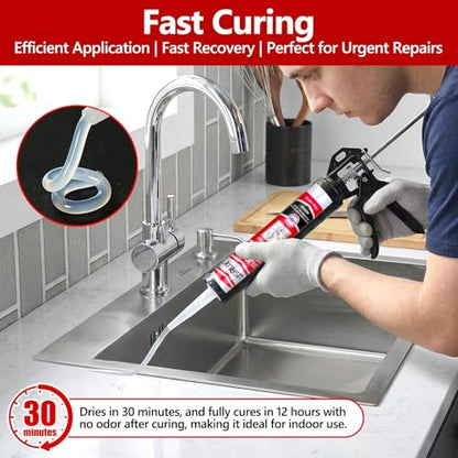 LISRUX Advanced Clear Silicone Caulk for Kitchen & Bathroom,10 fl oz Cartridge,24 Pack,100% Waterproof RTV Silicone Sealant,Stronger Adhesion,Shrink & Crack Proof - size: 24P